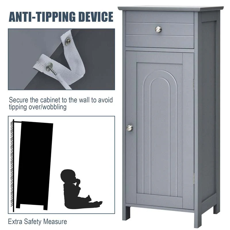 Free-Standing Wooden Floor Storage Cabinet w/Large Drawer & 2 Adjustable Shelves, Morden Side Storage Bathroom Organizer Cabinet