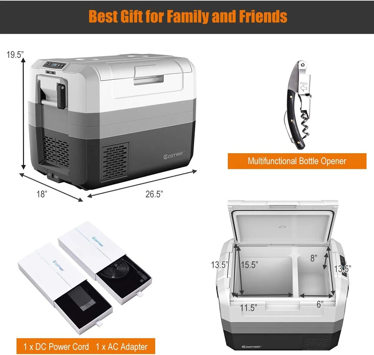 Portable Car Refrigerator, -14.8�� to 50��, 58-Quart Compressor Travel Fridge with Two-way Open Door, Operating Panel, Groove Design, Compact RV Freezer and Cooler for Outdoor and Home Use