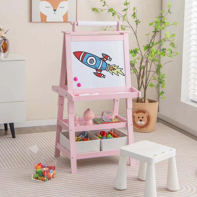 3-in-1 Double-Sided Kids Art Easel, Wooden Storage Toddler Easel with Magnetic White Board & Chalkboard, Paper Roll, Painting Dry Erase