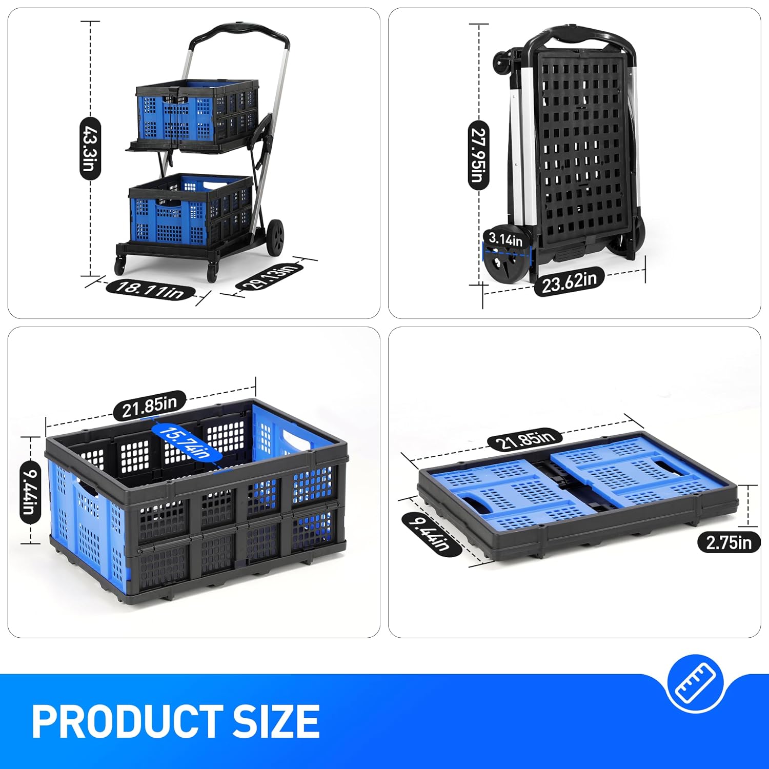 Rengue Grocery Shopping Cart with 2 Removable Baskets for Shopping, Picnic (Blue)