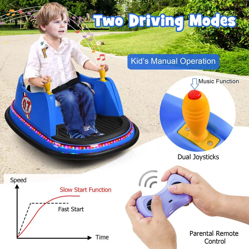 12V Toddler Bumping Car, Battery Powered Baby Ride on Bumper Car with Dual Joysticks, Flashing LED Light & 360 Degree Spin