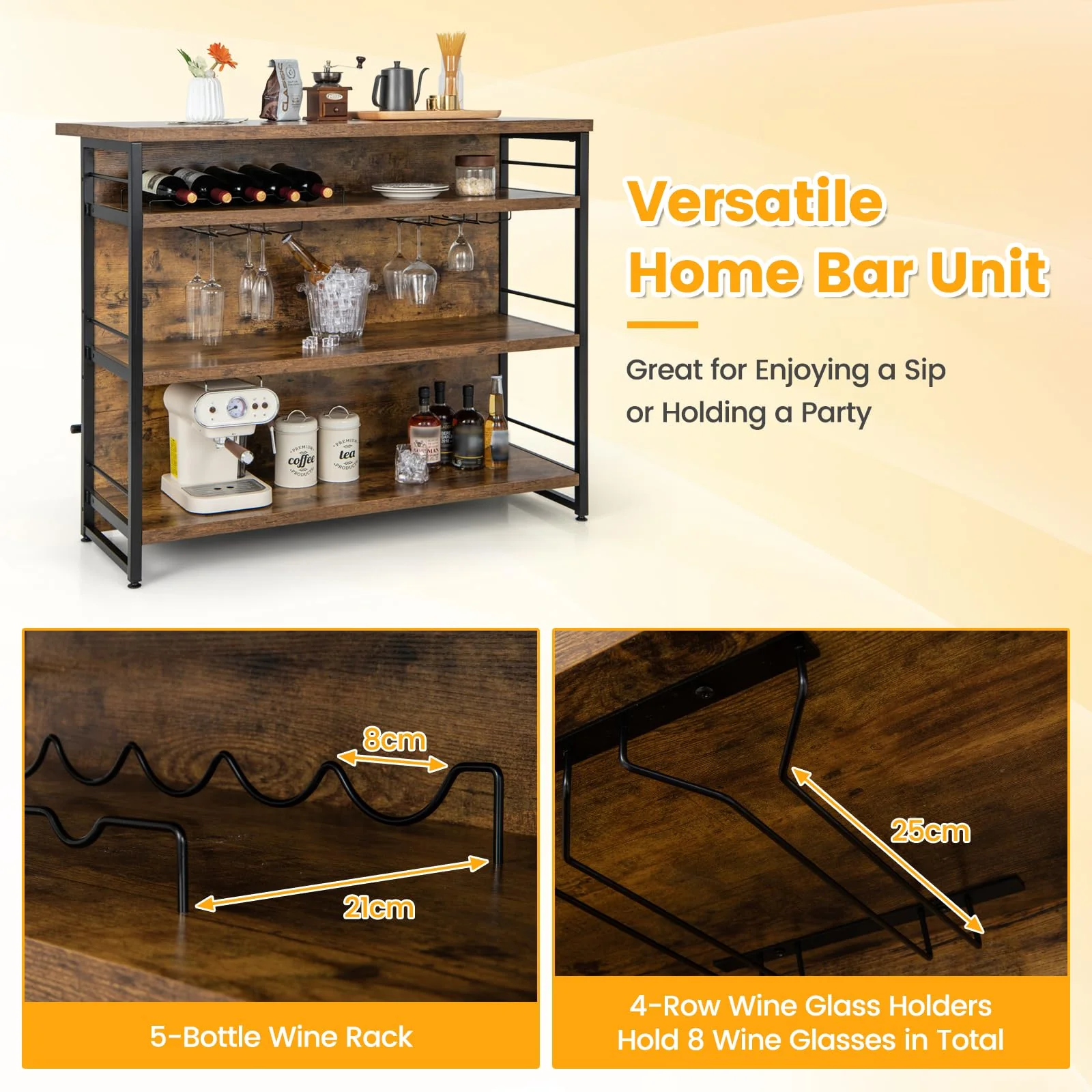 Giantex Industrial Home Bar Unit, 4-Tier Liquor Bar Cabinet w/ 3 Open Shelves
