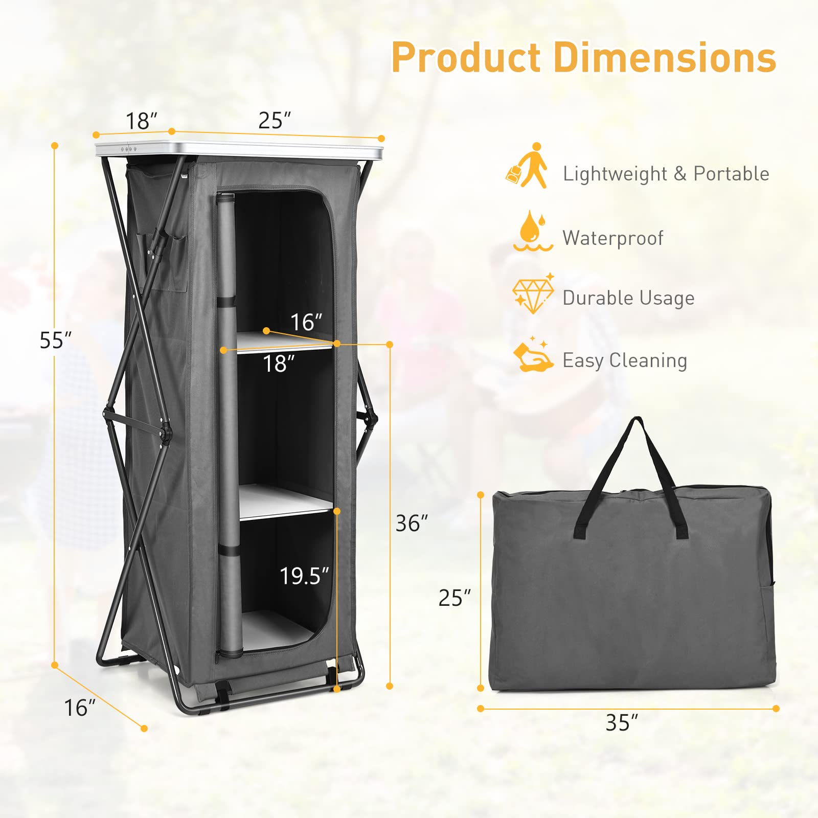 Folding Camping Storage Cabinet, Pop Up Outdoor Camping Kitchen Station with Large 3-Tier Storage Organizer