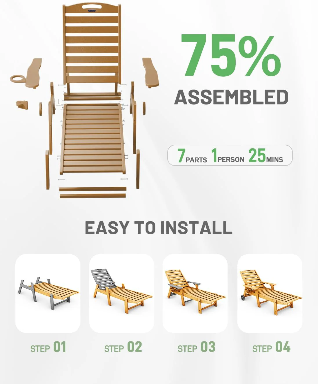 Lounge Chair Outdoor, Chaise Lounge, HDPE 6-Position Outdoor Chaise Lounge, Patio Lounge Chair with Wheels & Cup Holder for Pool Poolside Deck Backyard, Teak