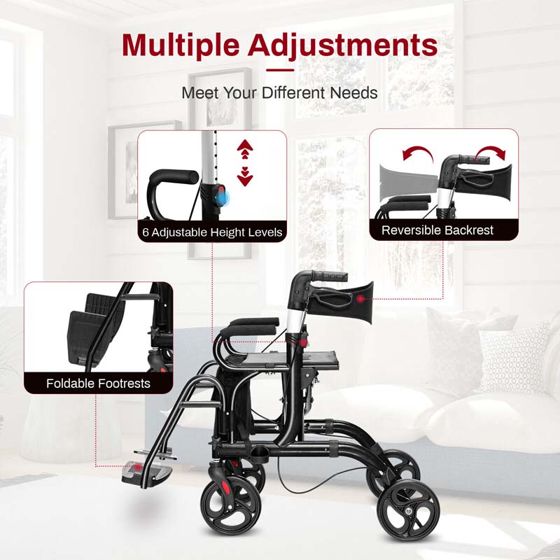 2 in 1 Folding Rollator Walker with Seat & Bag, Aluminum Medical Walker Rolling Transport Chair Mobility Walking Aid