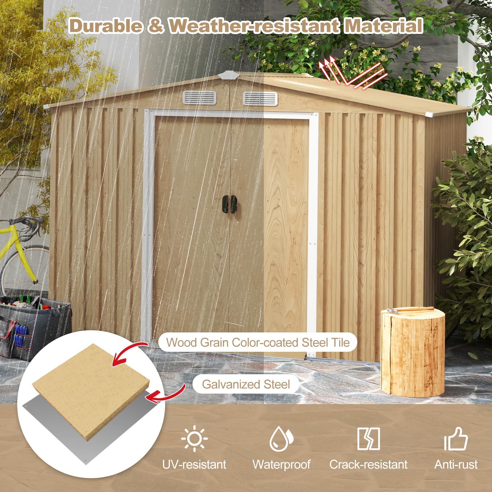 8' x 6' Woodgrain Outdoor Storage Shed, Galvanized Metal Tool House Organizer w/Base Floor, 4 Vents
