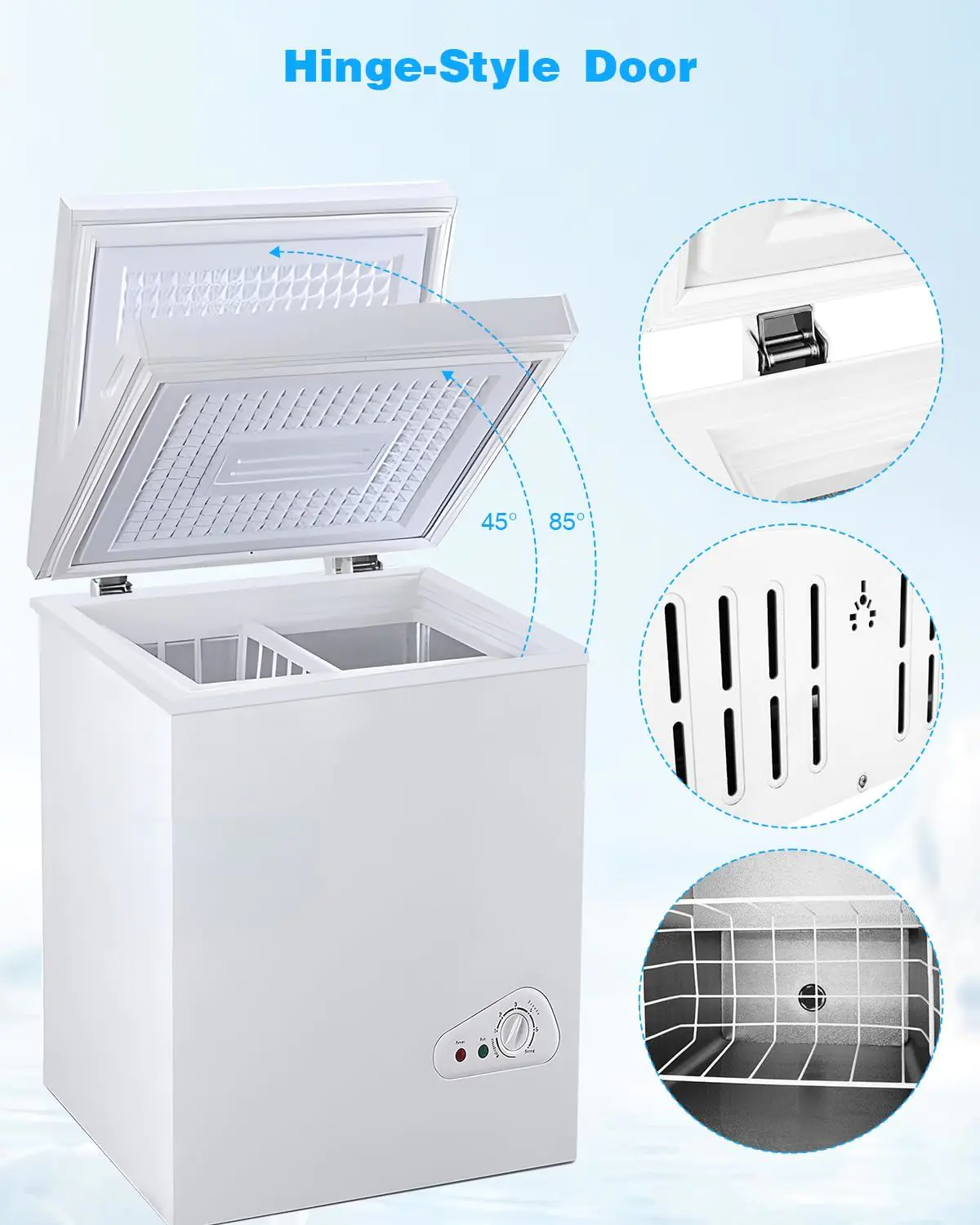 3.5 Cu.Ft Chest Freezer with a Removable Basket 7 Gears Adjustable Temperature Control(-18F to -46F), Deep Compact Freezer for Garage, Office, Basement, House, Kitchen, Shop, RVs-White