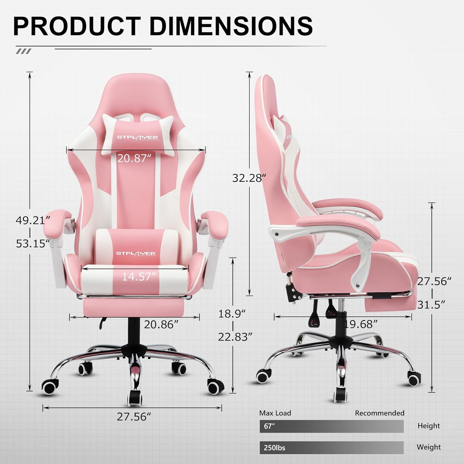 GTPLAYER Gaming Chair, Computer Chair with Footrest and Lumbar Support, Height Adjustable Game Chair with 360  -Swivel Seat and Headrest and for Office or Gaming (White)