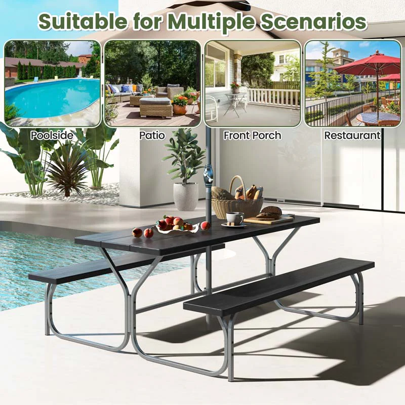 6 FT 8-Person Outdoor Large Picnic Table Bench Set with Umbrella Hole, Metal Frame, All-Weather HDPE Tabletop