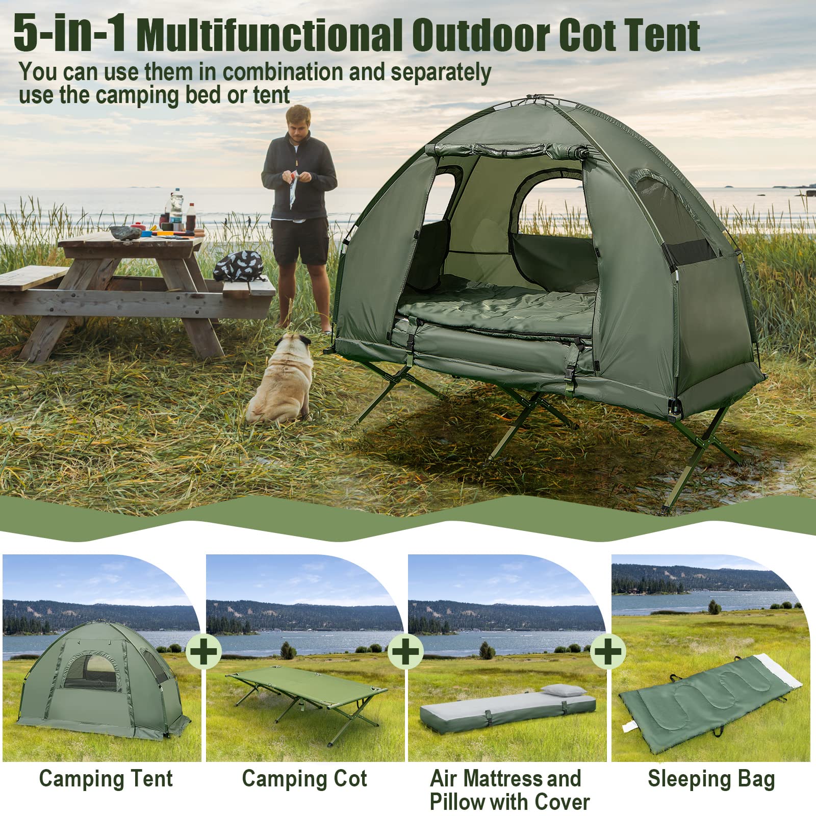 Camping Tent Cot, 5-in-1 Folding Camping Bed with Air Mattress, Pillow, Sleeping Bag