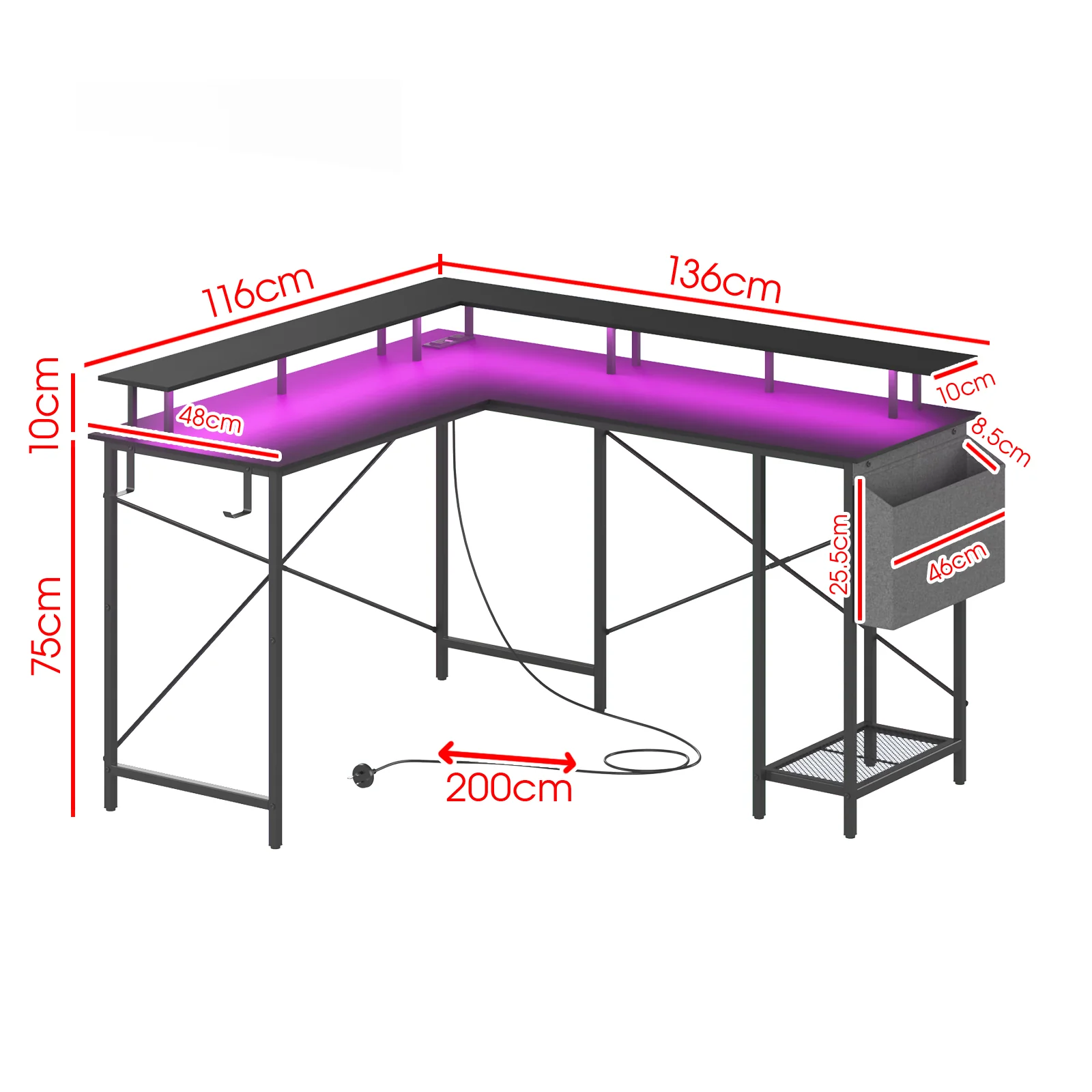 L Shaped Gaming Desk with LED Lights