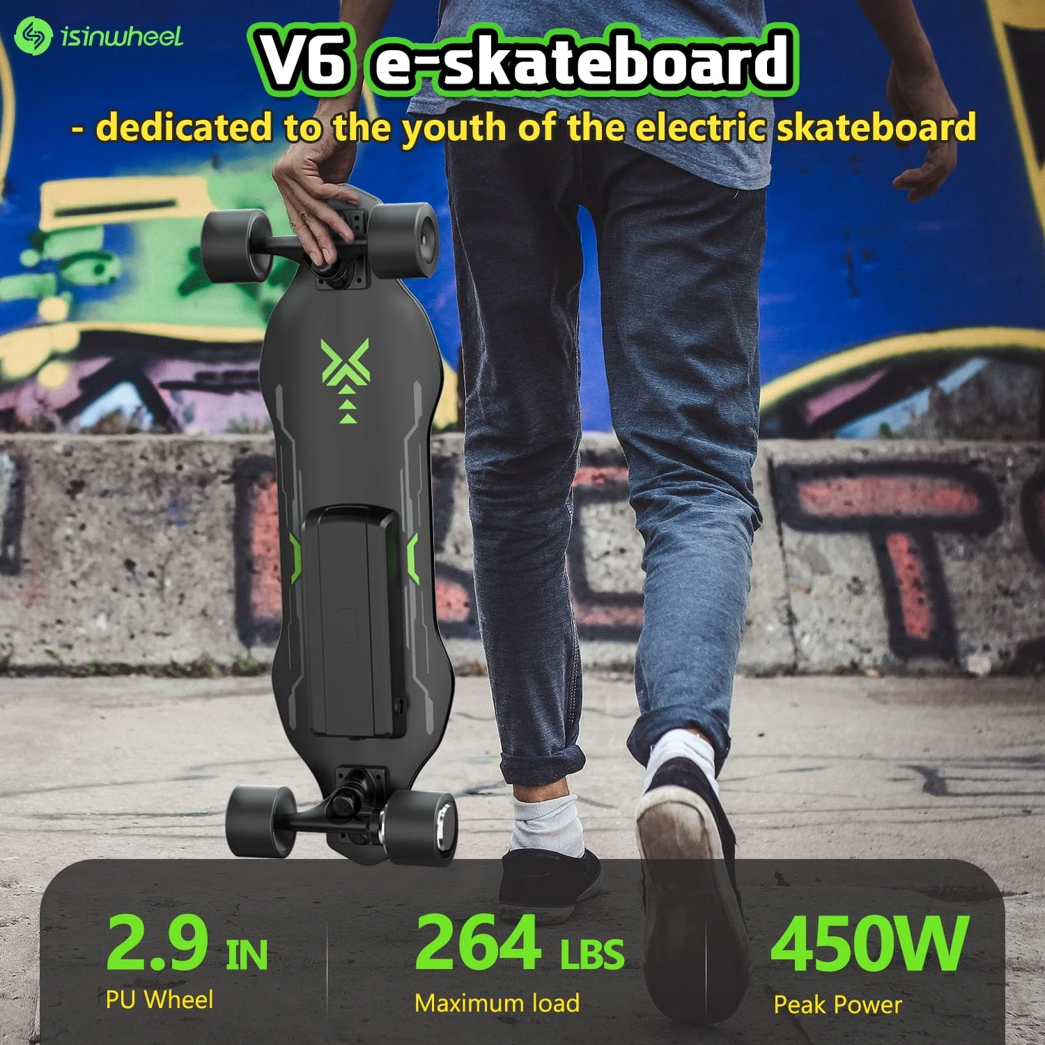 isinwheel V6 Electric Skateboard with Remote, 450W Brushless Motor, 12Mph Top Speed, Electric Longboard for Adults ��Teens