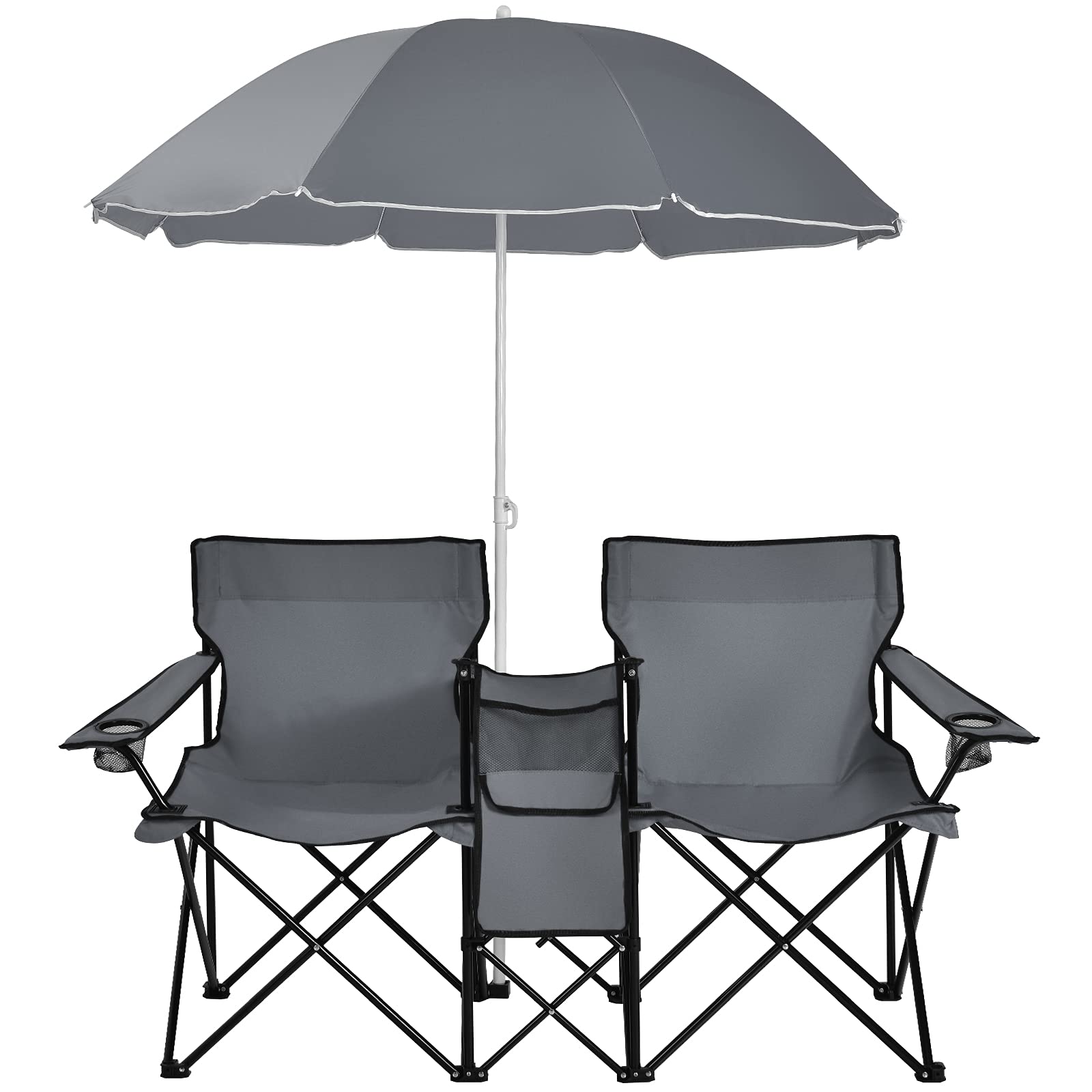 Double Folding Picnic Chairs Umbrella Mini Table Beverage Holder Carrying Bag