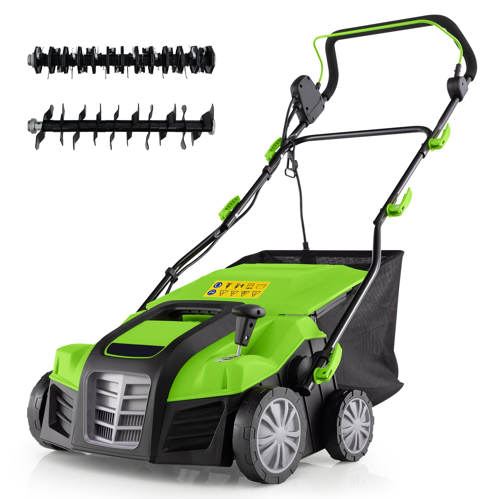 2-in-1 Scarifier and Lawn Dethatcher, 16-Inch 15A Corded Electric Dethatcher w/ 14.5-Gal Collection Bag