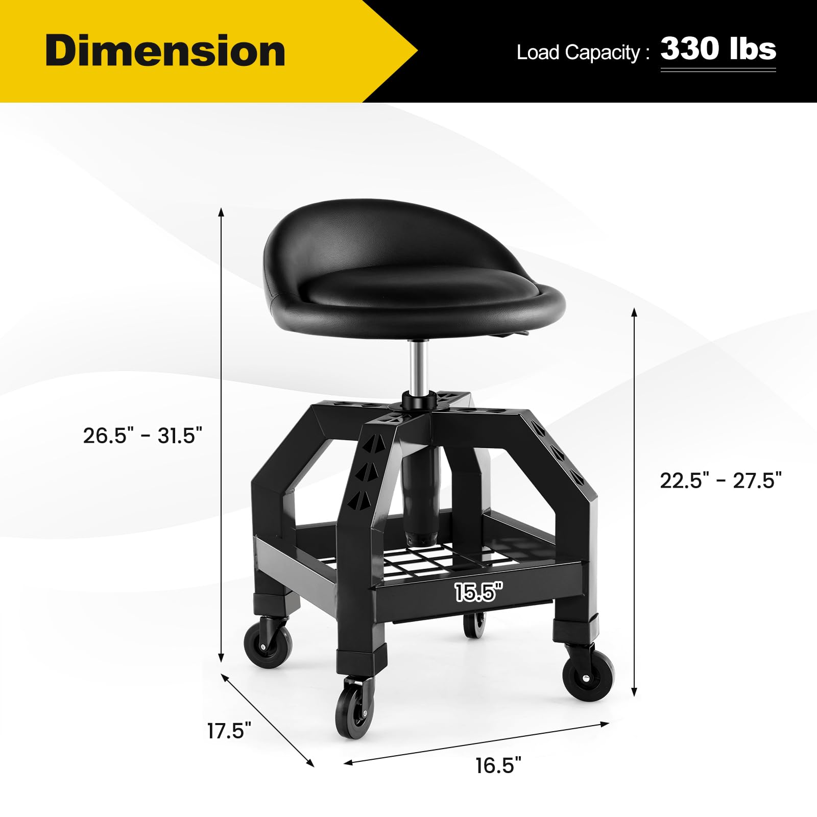 Mechanic Stool with Wheels, Adjustable Height Swivel Shop Stool Roller Seat with Tool Tray
