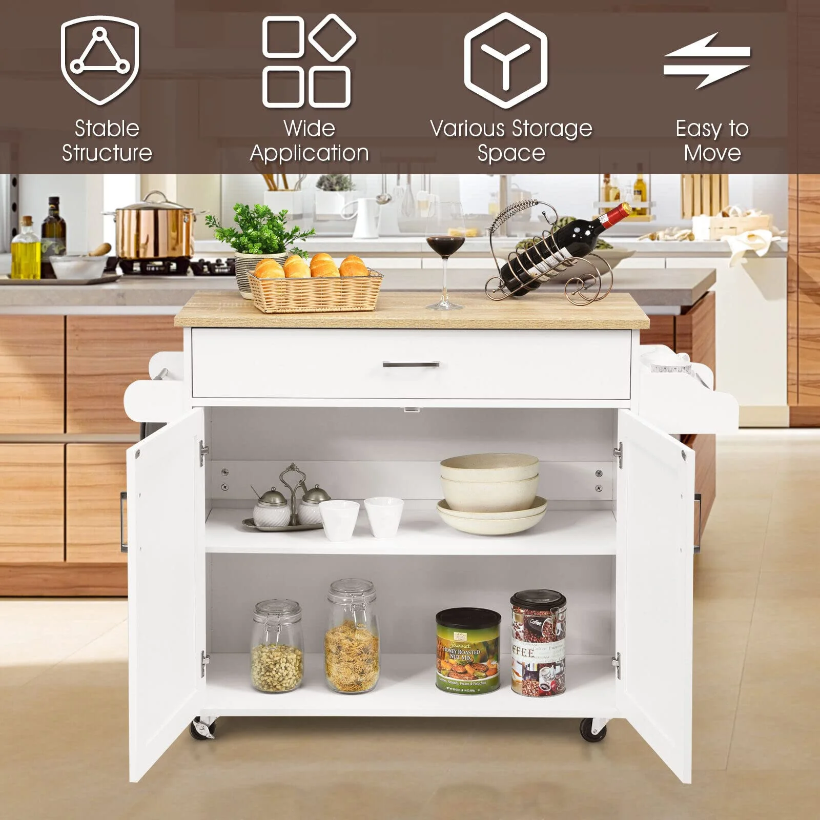 Giantex Wooden Rolling Kitchen Island, Storage Cart Trolley w/ Adjustable Shelf, Spice Storage Sgelf, Towel Rack & Drawer