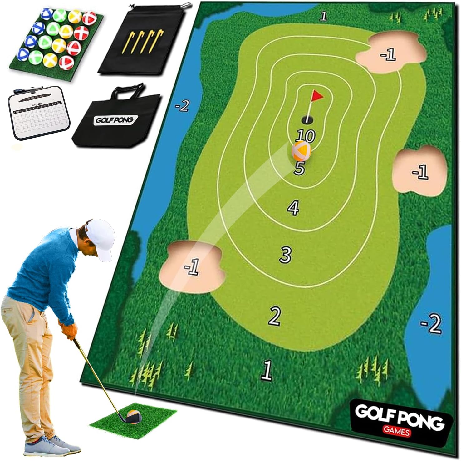 Golf Pong Games - Chip Off Challenge - Battle Royale Golf Game with 6'x4' Premium Golf Chipping Mat, Sticky Golf Pro, Golf Games for Adults Indoors