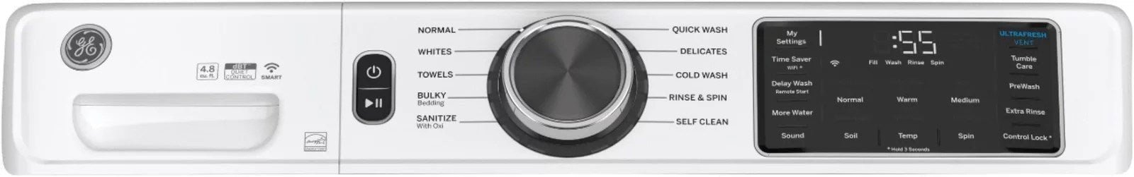 GE �C 4.8 CuFt High-Efficiency Stackable Smart Front Load Washer w/UltraFresh Vent System & Microban Antimicrobial Technology �C White on white