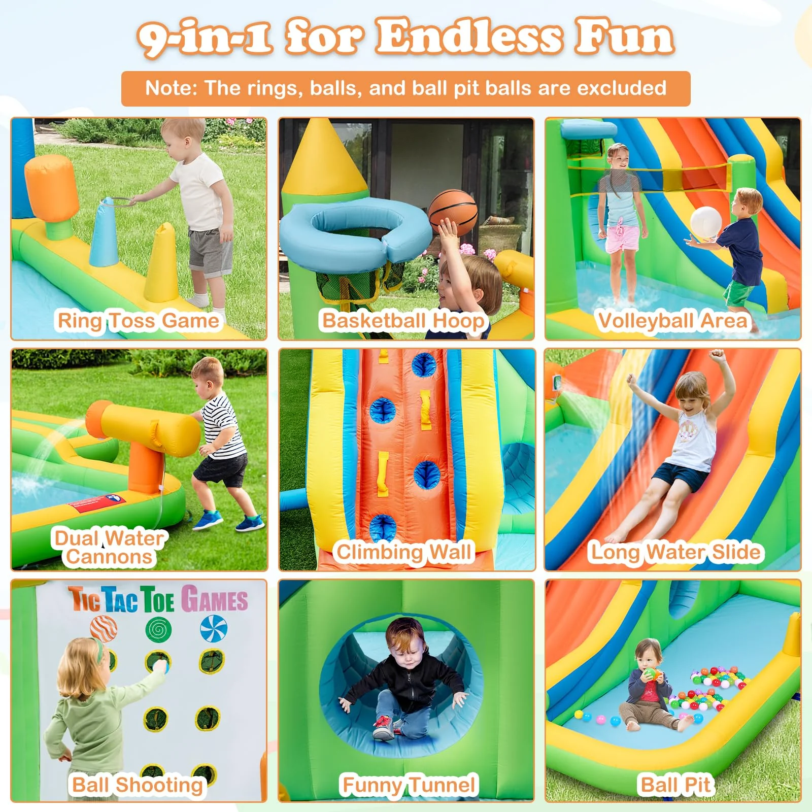 Inflatable Water Slide, 9-in-1 Water Park Jumping Castle W/Ring-toss Game, Volleyball Area, Basketball Hoop