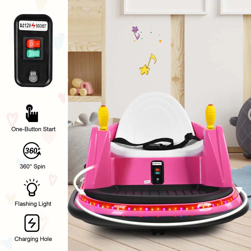 12V Toddler Bumping Car, Battery Powered Baby Ride on Bumper Car with Dual Joysticks, Flashing LED Light & 360 Degree Spin