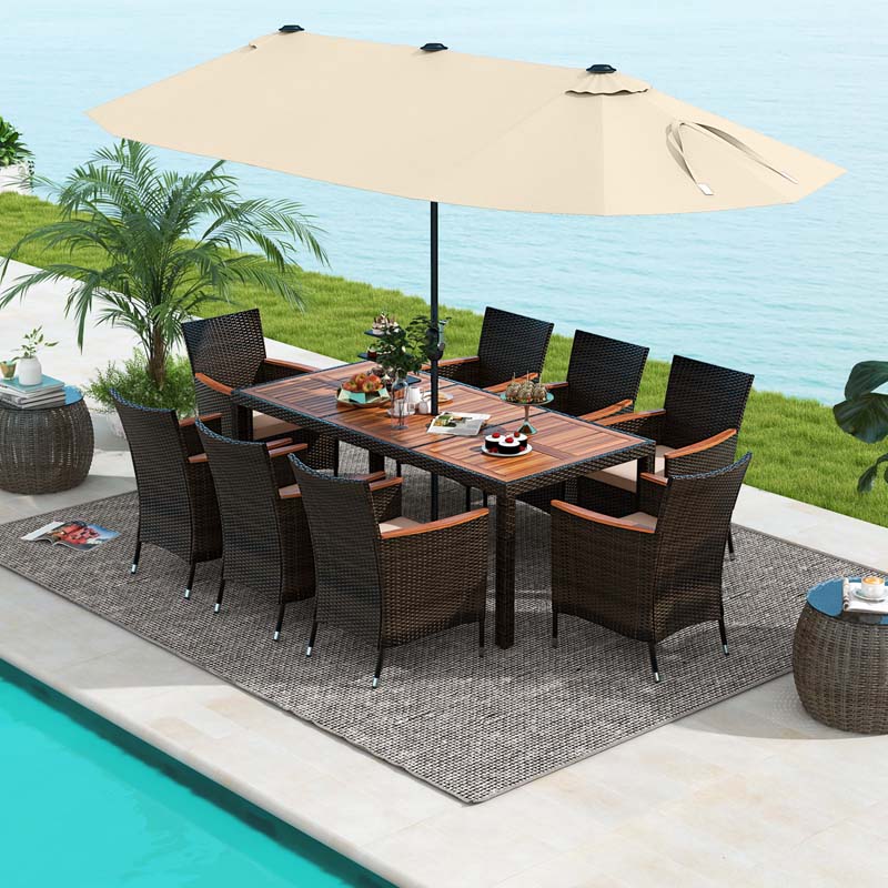 10Pcs Patio Rattan Dining Set with 15FT Double-Sided Umbrella, Heavy Duty Acacia Wood Table & Stackable Wicker Chairs