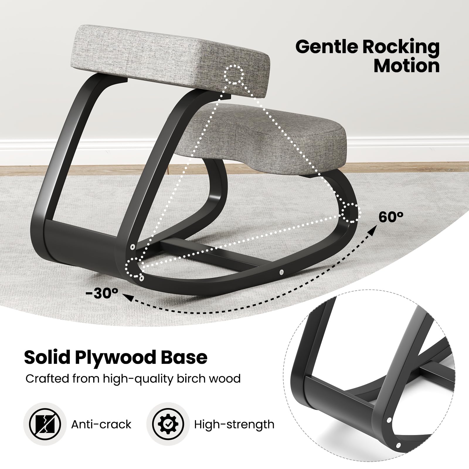 Ergonomic Kneeling Chair, Rocking Upright Posture Chair with Soft Seat & Knee Pads, Gray and Black