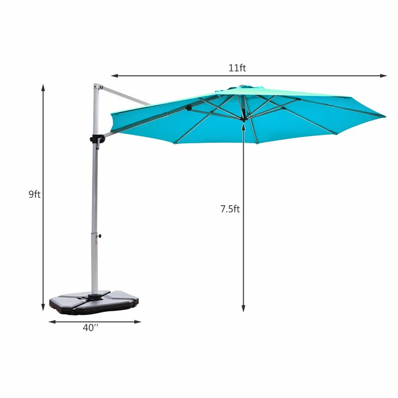 11 FT Patio Offset Cantilever Umbrella 360�� Rotation Tilt with Cross Base & Crank Handle