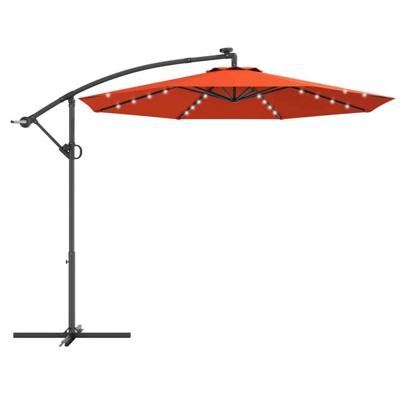 10 FT Patio Offset Umbrella with Solar Lights 360�� Rotation Outdoor Market Umbrella with Crank Handle & Cross Base