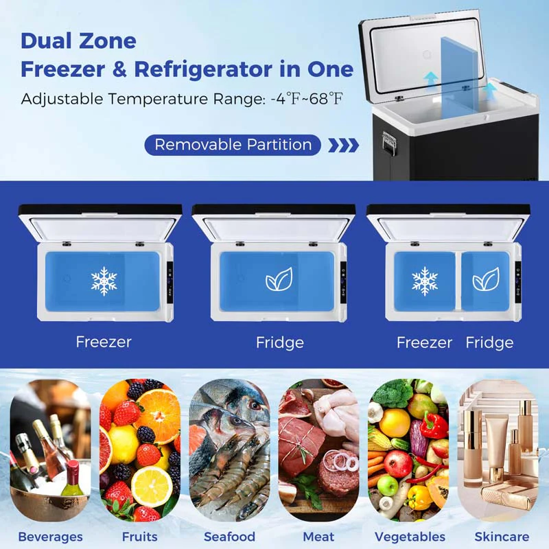 53QT Portable Car Fridge Freezer for Camping Travel, Dual-zone Electric Cooler w/-4�H~68�H Adjustable Range, 12/24V DC & 110-240V AC