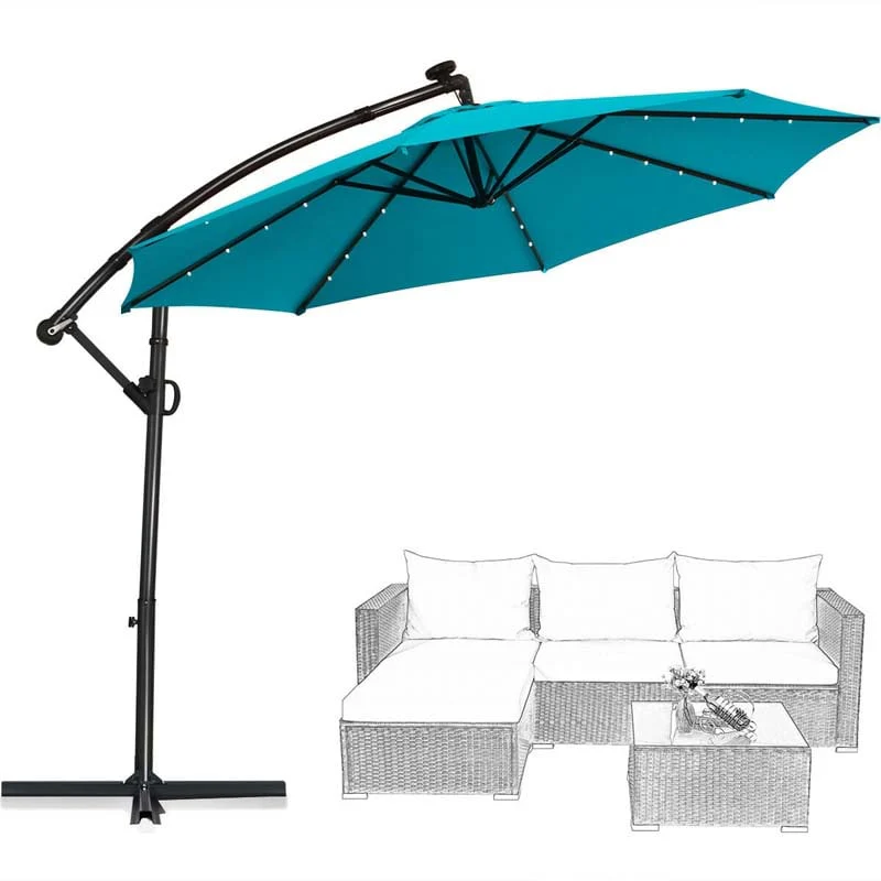 10 FT Patio Offset Umbrella with Solar Lights 360�� Rotation Outdoor Market Umbrella with Crank Handle & Cross Base
