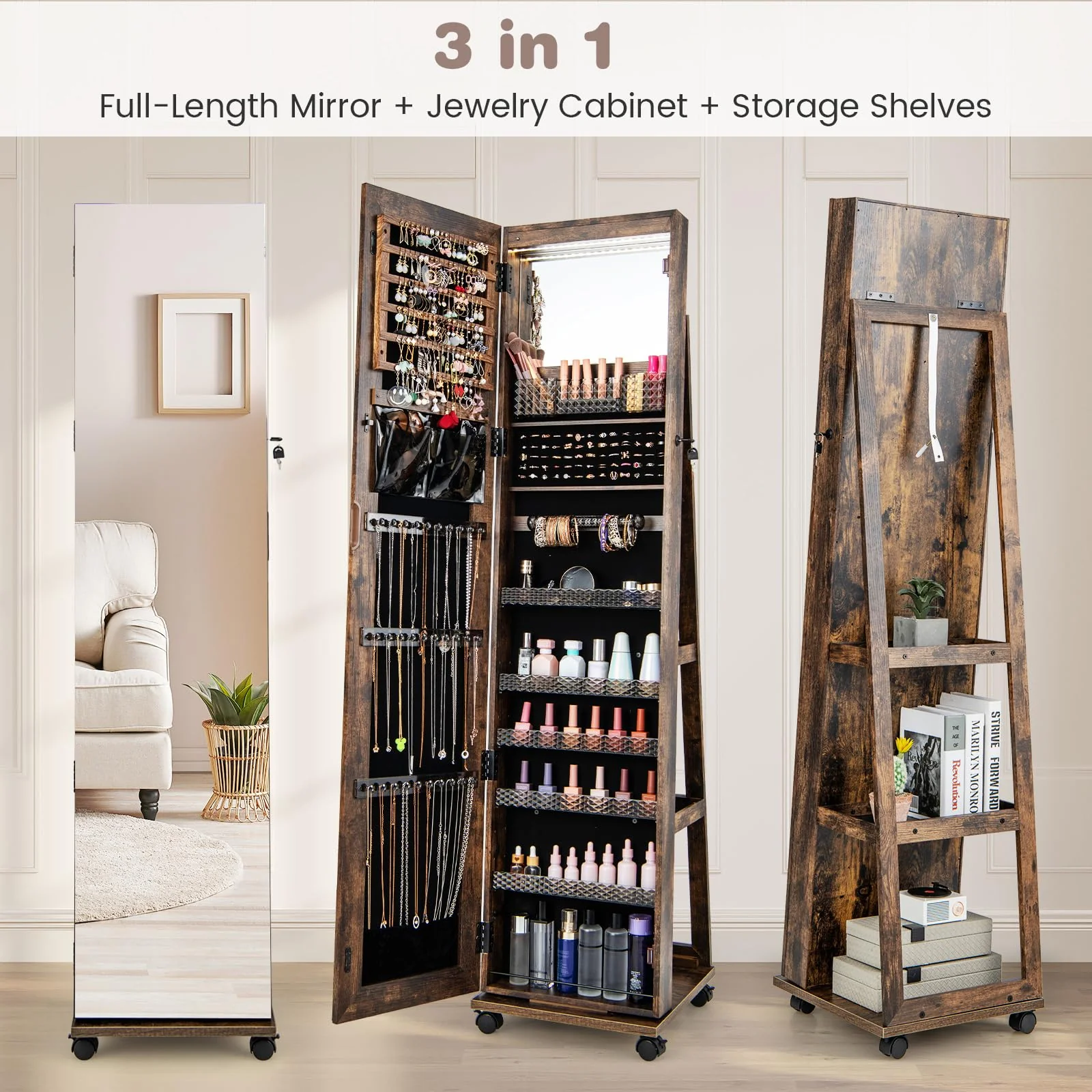 Giantex 164cm Mobile Jewelry Cabinet Armoire, Standing Lockable Jewelry Organizer