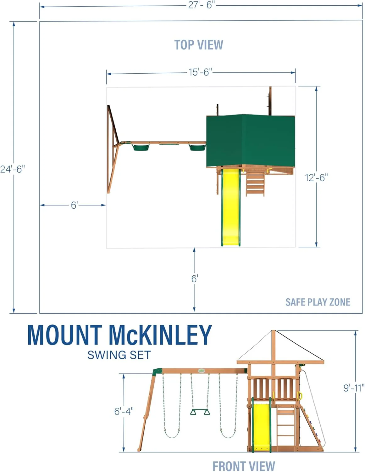Mount Mckinley Cedar Wood Swing Set with Wave Slide, Play Deck, Double Rock Wall, Rope Ladder, Web Swing, Belt Swings, Toy Telescope, Steering Wheel, Sandbox Area, Outdoor Playset