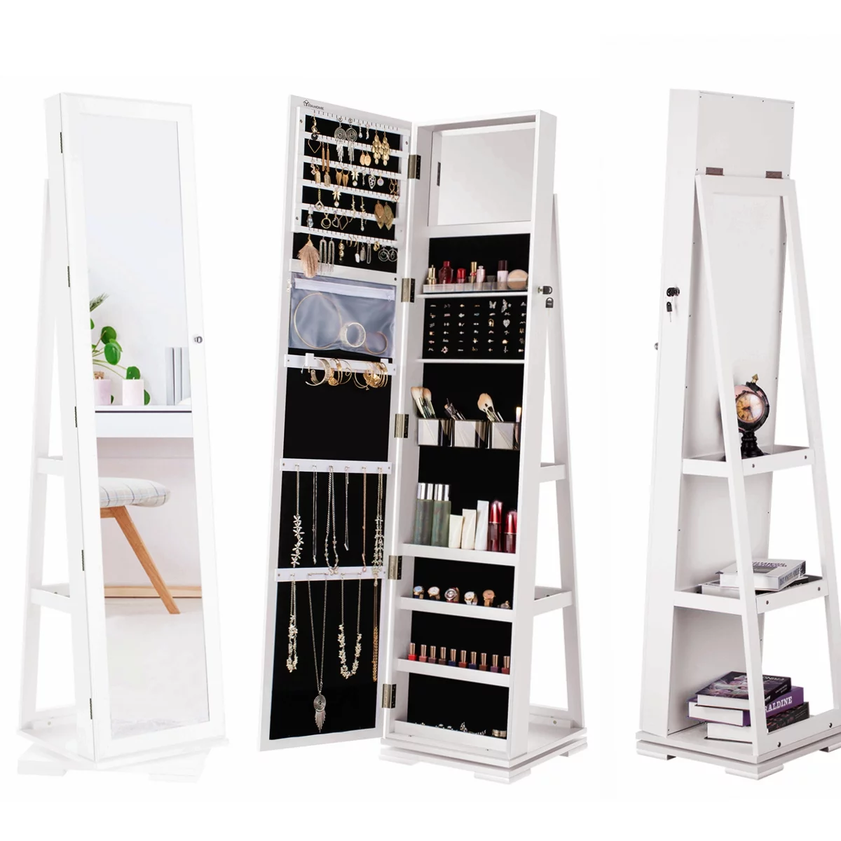 Dextrus 360�� Swivel Jewelry Cabinet, Lockable Standing Jewelry Armoire with Full-Length Mirror, Rear Storage Shelves, White