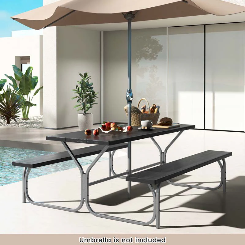 6 FT 8-Person Outdoor Large Picnic Table Bench Set with Umbrella Hole, Metal Frame, All-Weather HDPE Tabletop