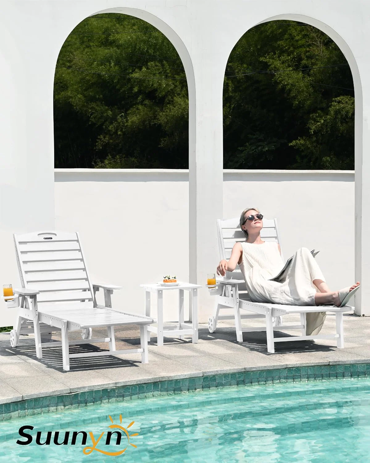 Lounge Chair Outdoor, Chaise Lounge, HDPE 6-Position Outdoor Chaise Lounge, Patio Lounge Chair with Wheels & Cup Holder for Pool Poolside Deck Backyard, Teak