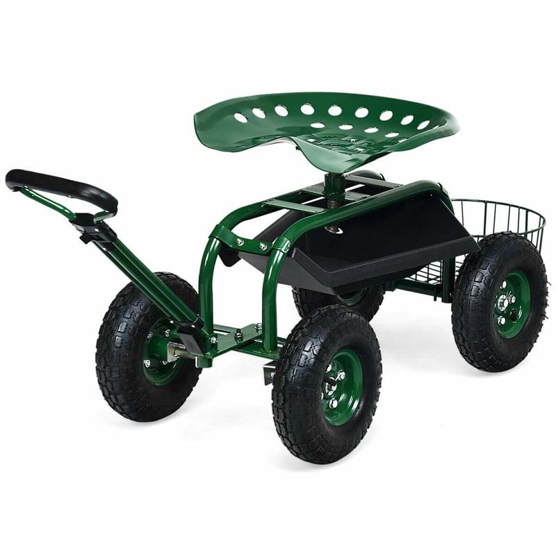 Heavy Duty Rolling Garden Cart Workseat with Tool Tray, 360 Swivel Seat, Storage Basket, Extendable Steering Handle