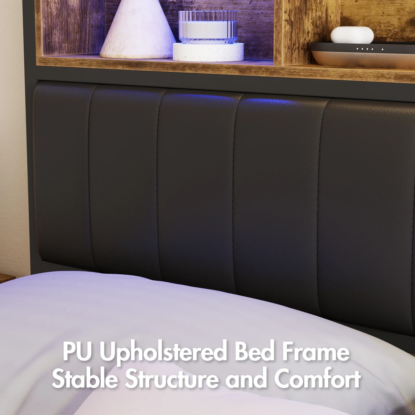 Bed Frame with Charging Station & LED Storage Shelf