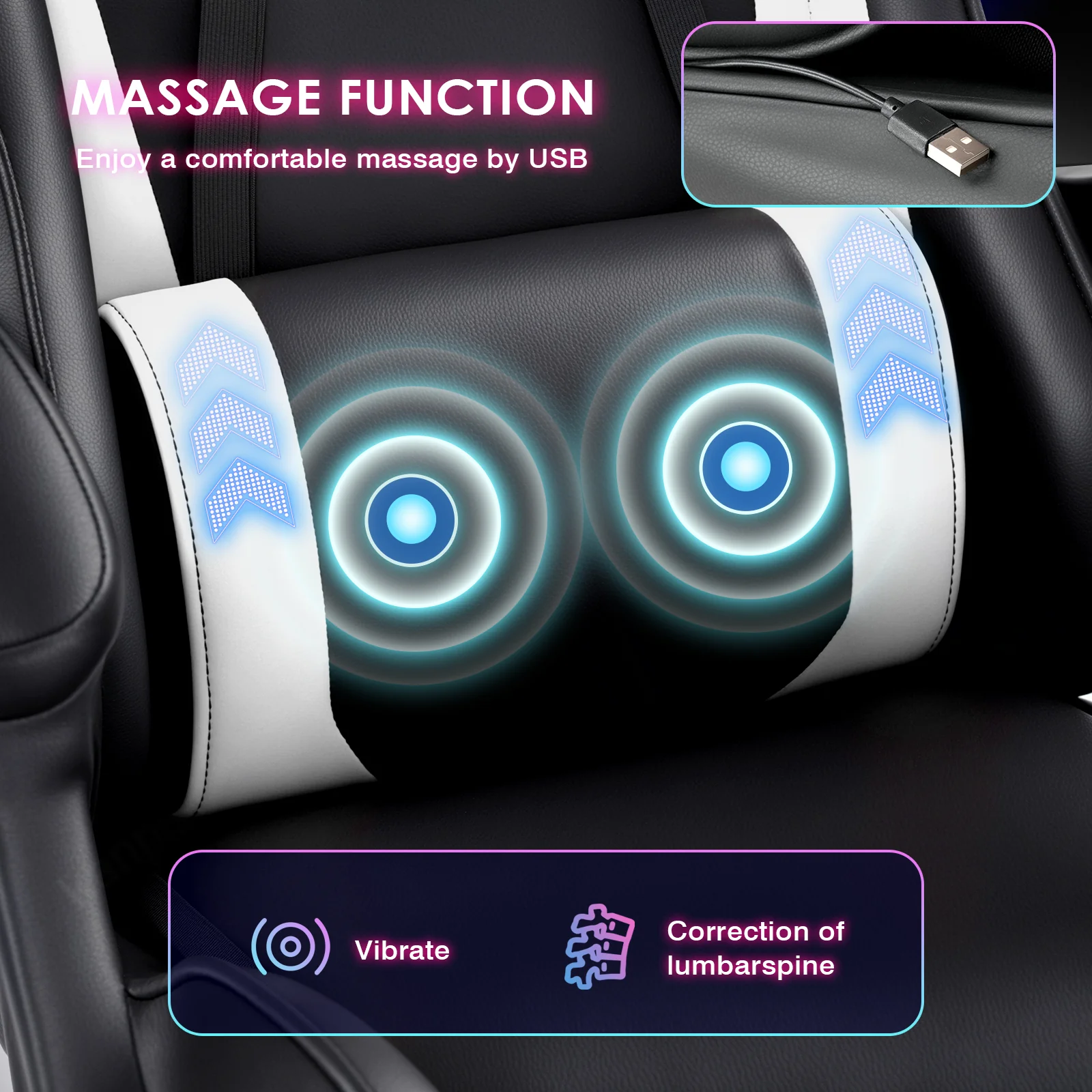 Gaming Chair Massage Lumbar with Footrest White