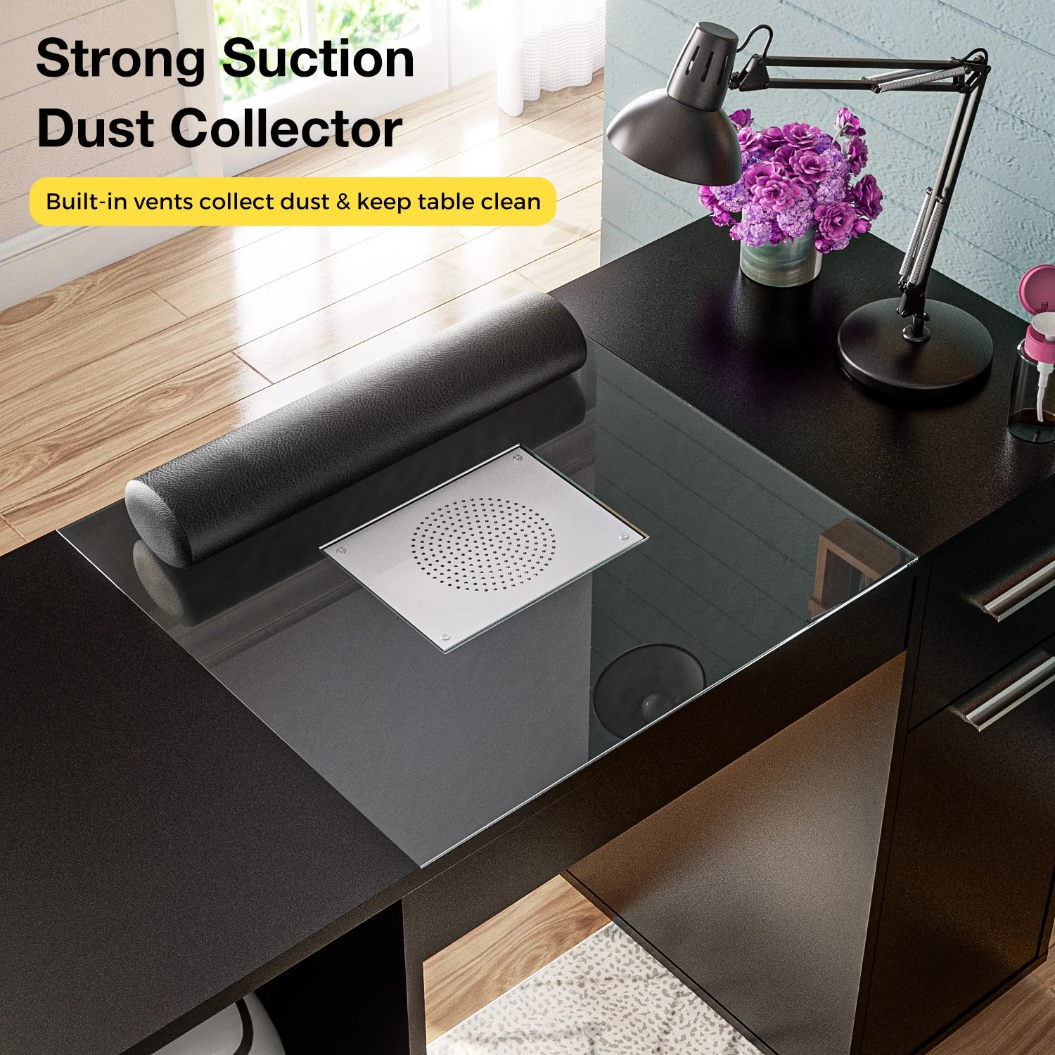 Manicure Table with Glass Top Black