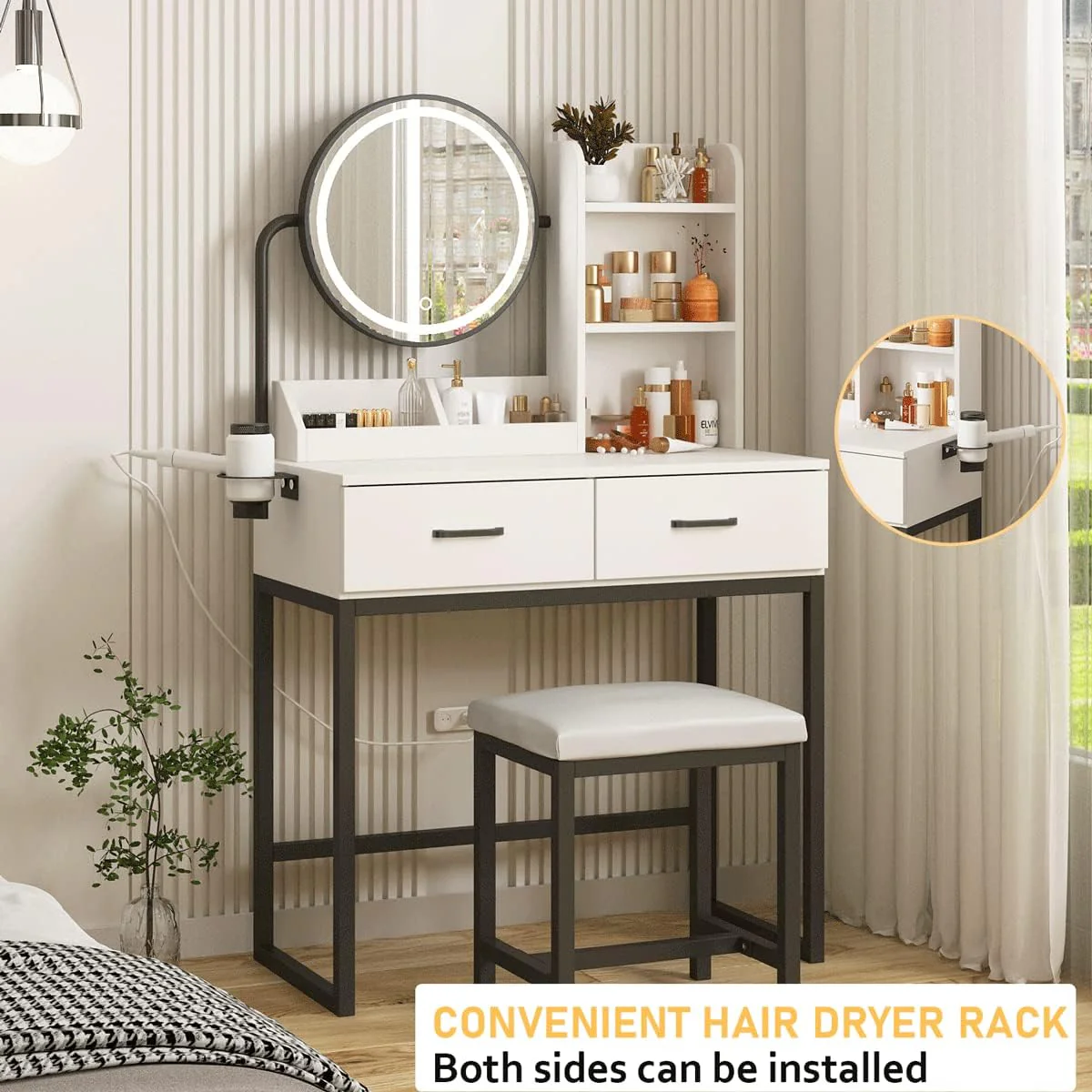 Dressing Table Set with Power Outlet White & Black