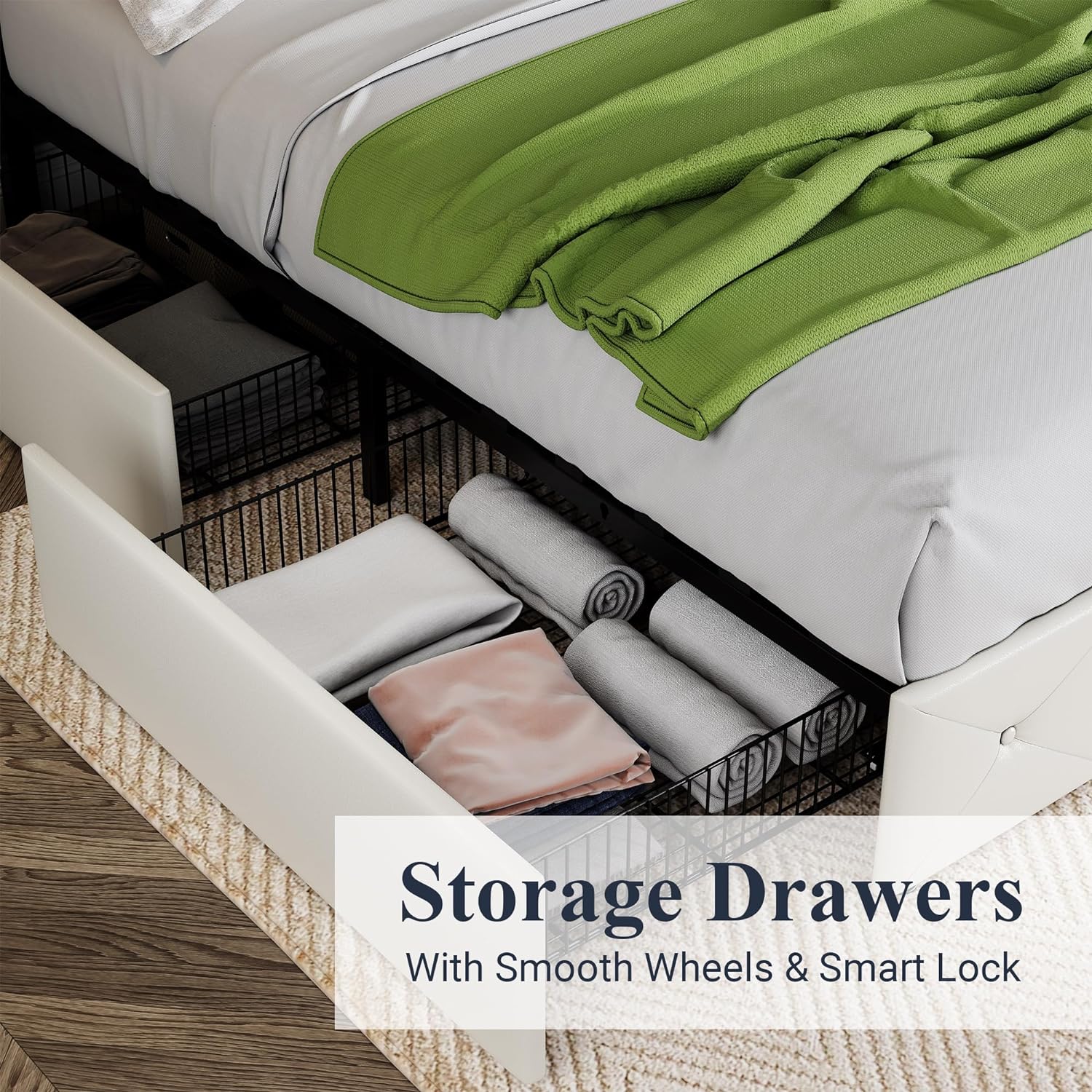 Allewie Upholstered Queen Size Platform Bed Frame with 4 Storage Drawers and Headboard, Square Stitched Button Tufted, Mattress Foundation with Wooden Slats Support, No Box Spring Needed, Light Grey