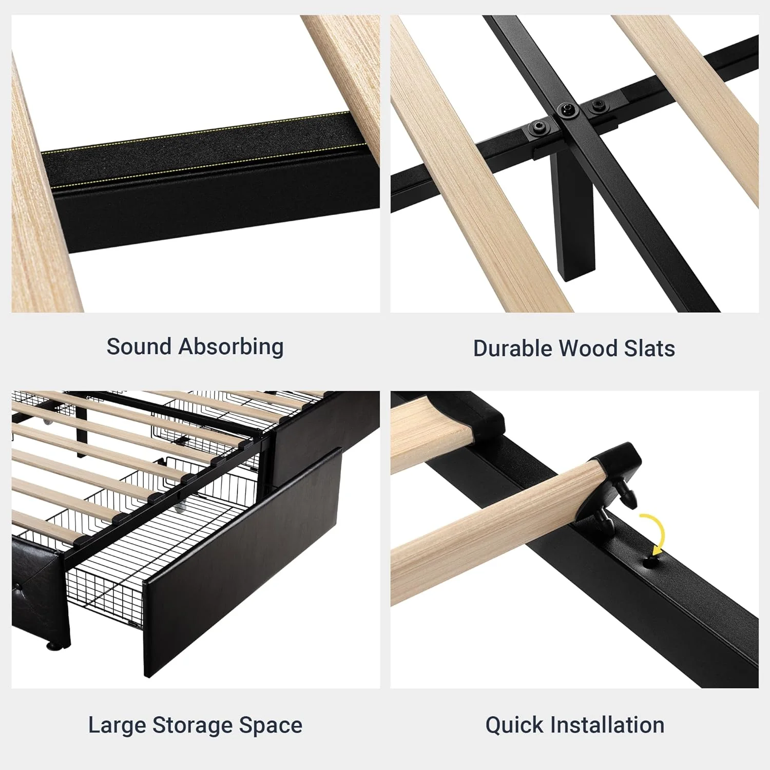 Allewie Upholstered Queen Size Platform Bed Frame with 4 Storage Drawers and Headboard, Square Stitched Button Tufted, Mattress Foundation with Wooden Slats Support, No Box Spring Needed, Light Grey