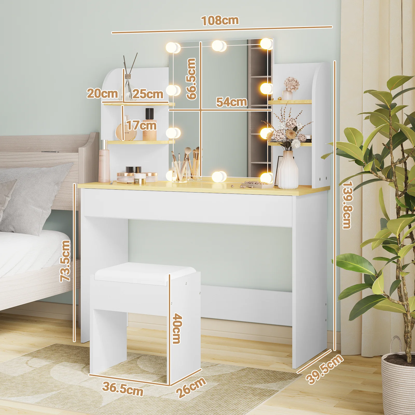 Dressing Table Stool Set 10 LED Bulbs Vanity Desk