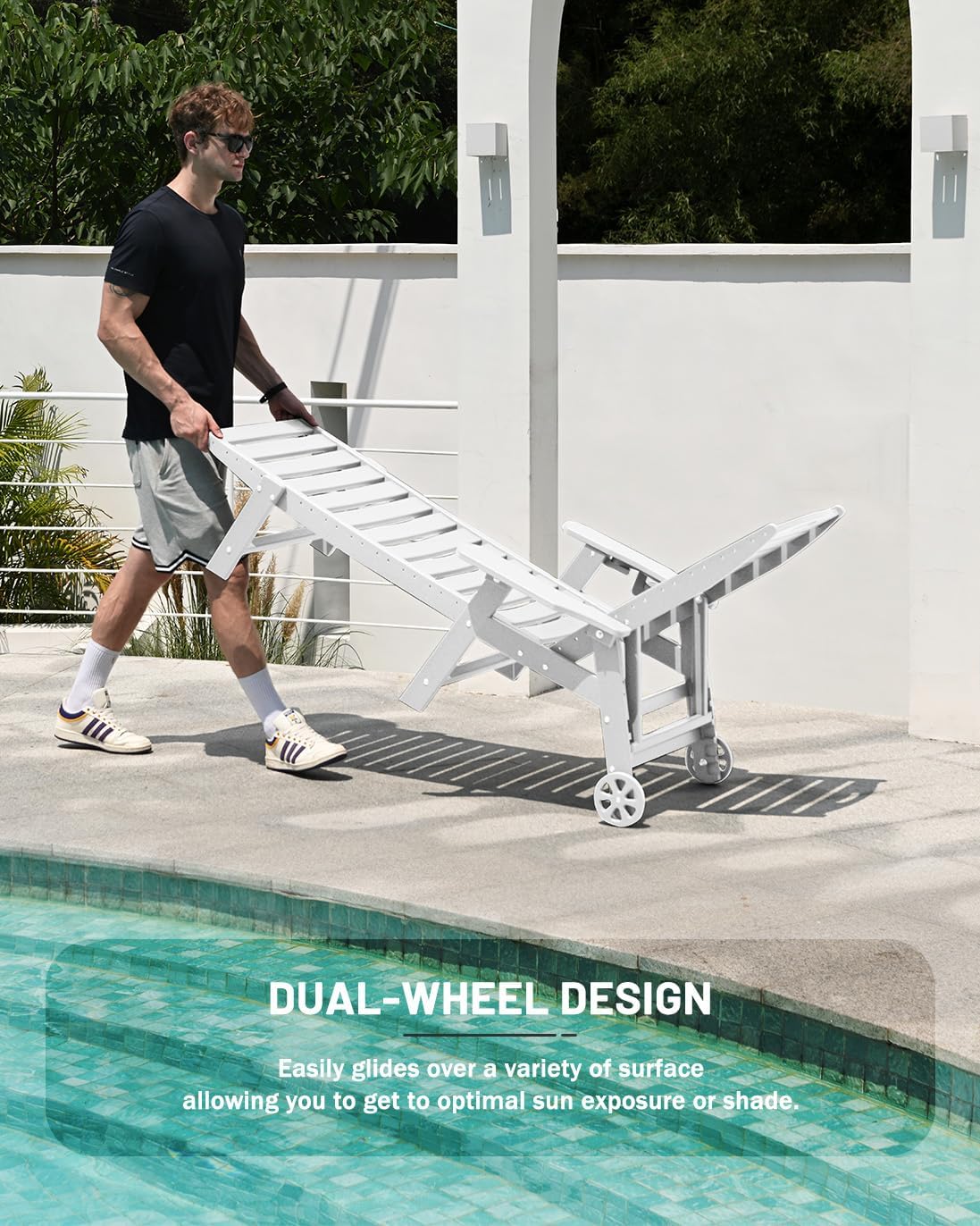 Lounge Chair Outdoor, Chaise Lounge, HDPE 6-Position Outdoor Chaise Lounge, Patio Lounge Chair with Wheels & Cup Holder for Pool Poolside Deck Backyard, Teak