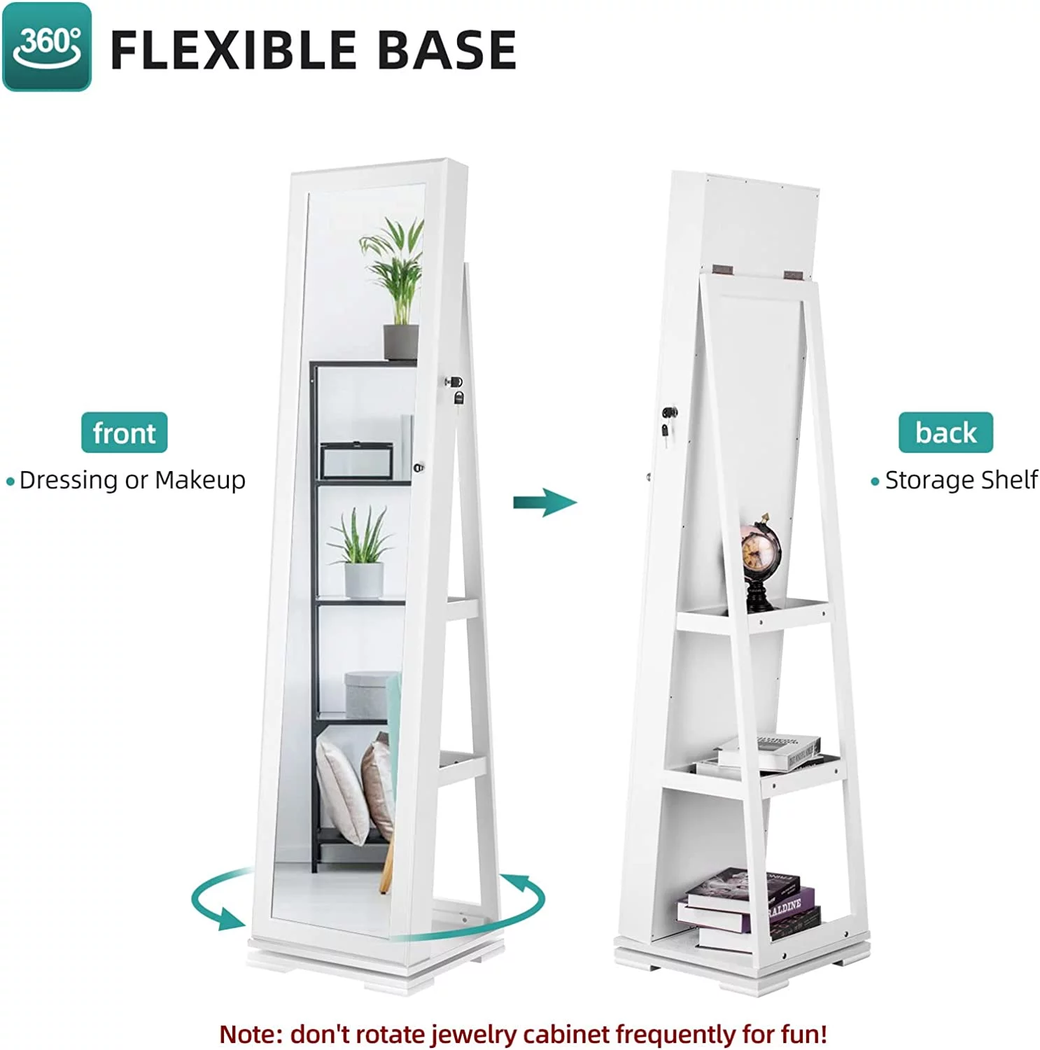 Dextrus 360�� Swivel Jewelry Cabinet, Lockable Standing Jewelry Armoire with Full-Length Mirror, Rear Storage Shelves, White