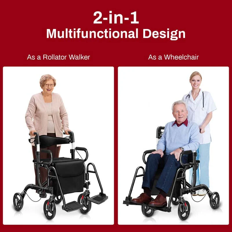 2 in 1 Folding Rollator Walker with Seat & Bag, Aluminum Medical Walker Rolling Transport Chair Mobility Walking Aid