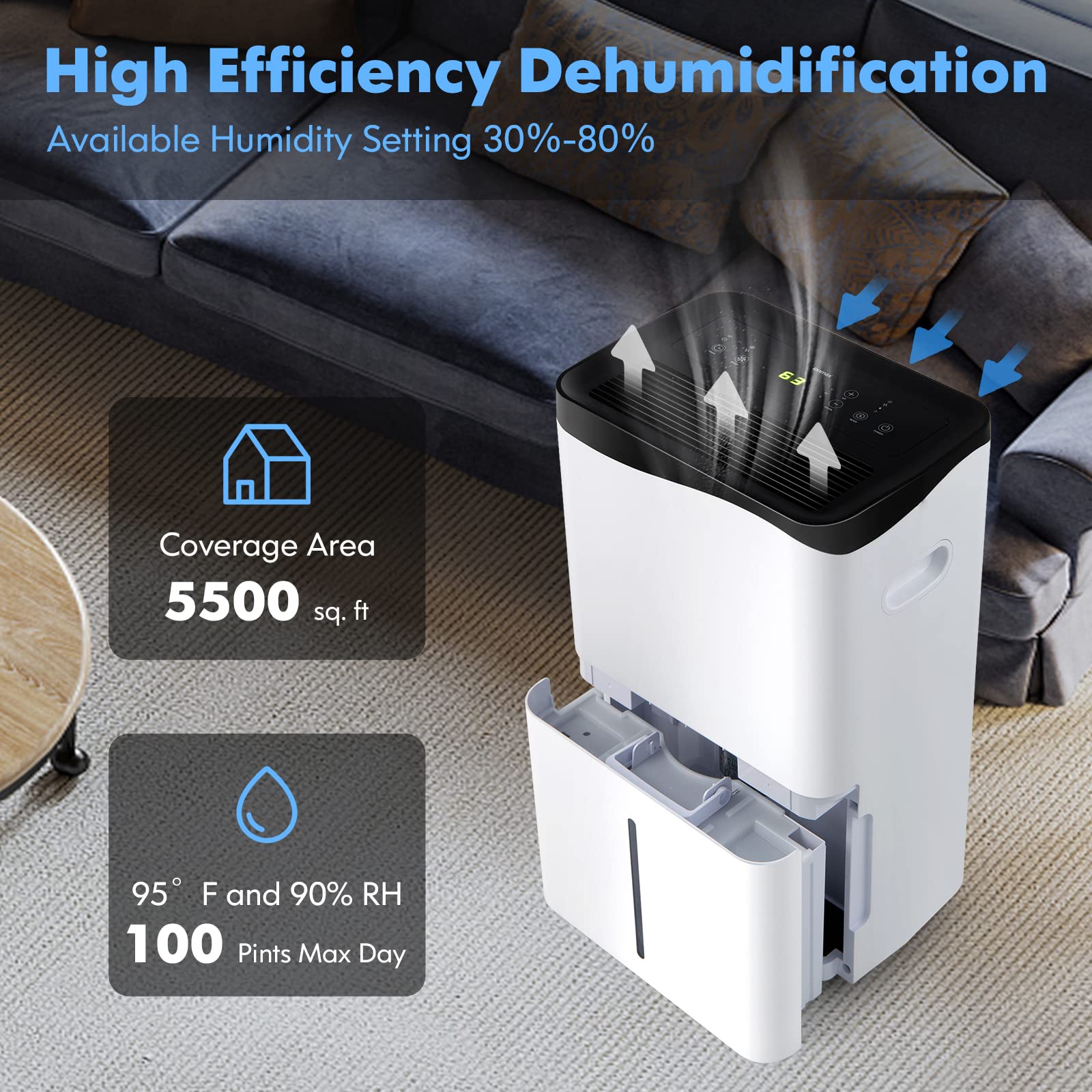 100 Pint Dehumidifier Rooms up to 5500 Sq. Ft with Smart App & Alexa Voice Control