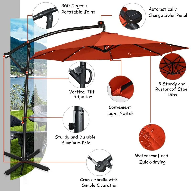 10 FT Patio Offset Umbrella with Solar Lights 360�� Rotation Outdoor Market Umbrella with Crank Handle & Cross Base
