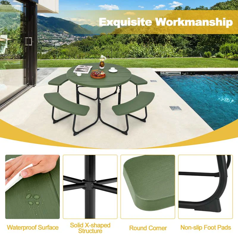 8 Person HDPE Outside Table & Bench Set, Outdoor Round Picnic Table with 4 Built-in Benches, Umbrella Hole, Metal Frame