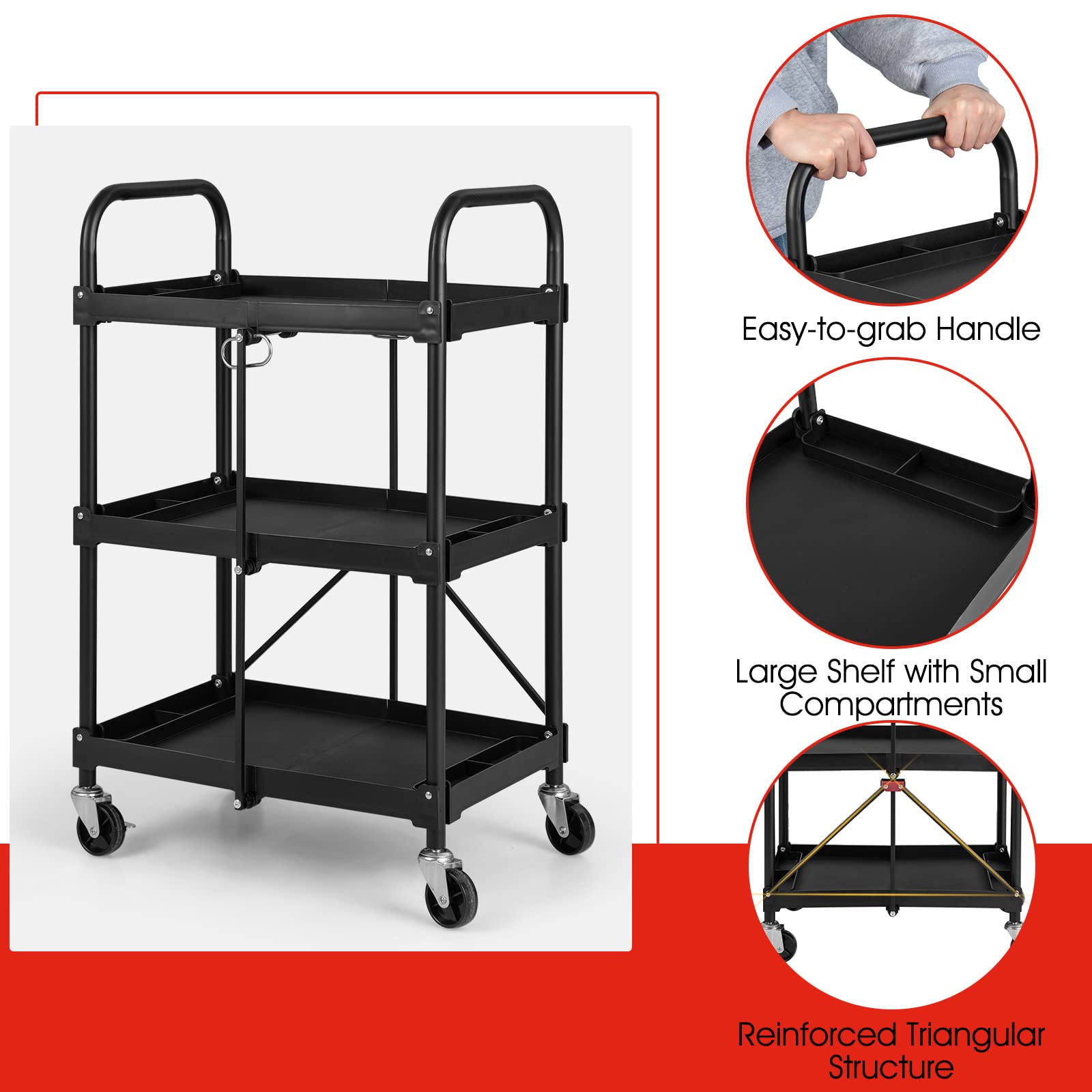 Folding Utility Cart, 3-Tier Rolling Tool Cart with Universal Wheels, 330 LBS Weight Capacity, Black